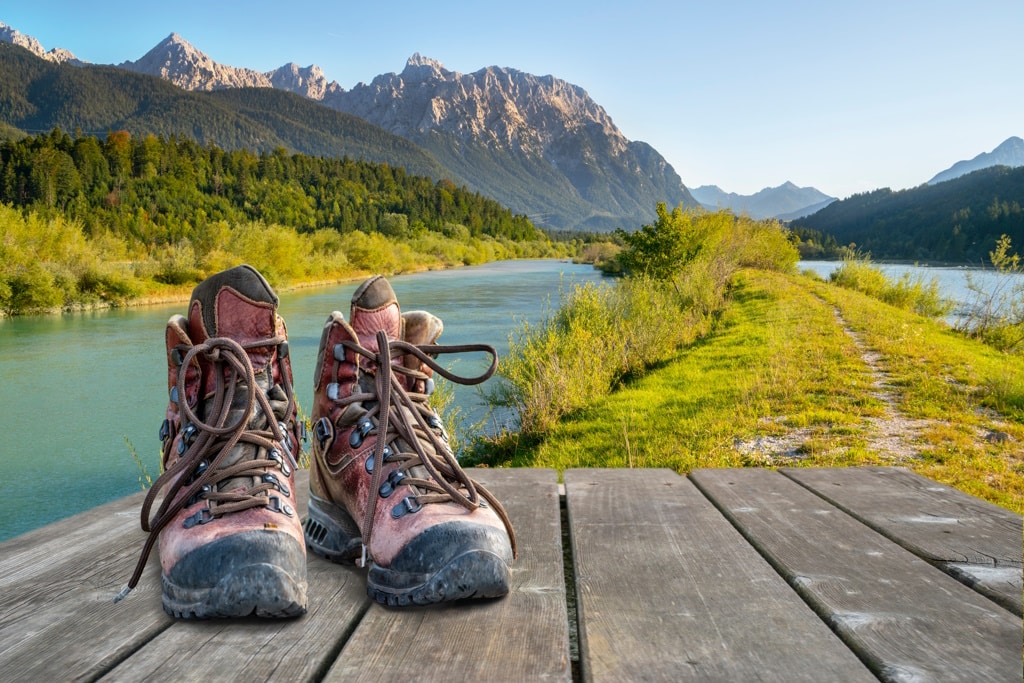 Panoramic,Landscape,At,Karwendel,Mountains,With,Hiking,Shoes