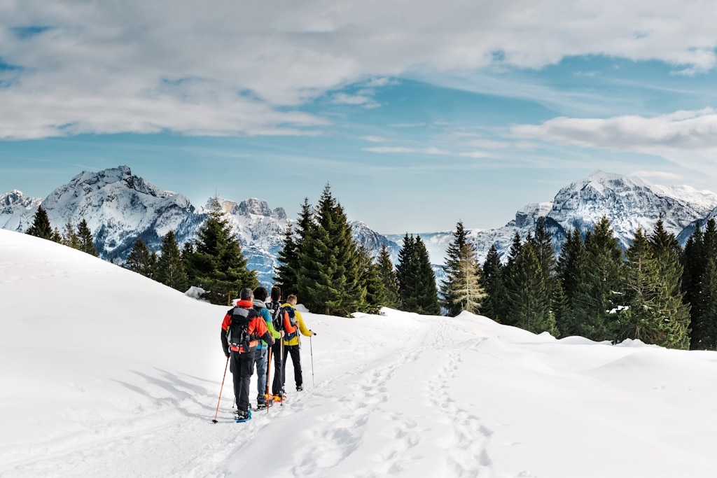Friends,Practicing,Snowshoe,Trekking,In,The,Snowy,Mountains.,Dolomites,,Italy.